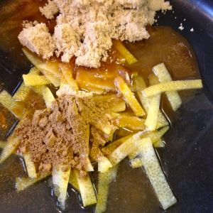 Lemon zest, juice, sugar, spices.